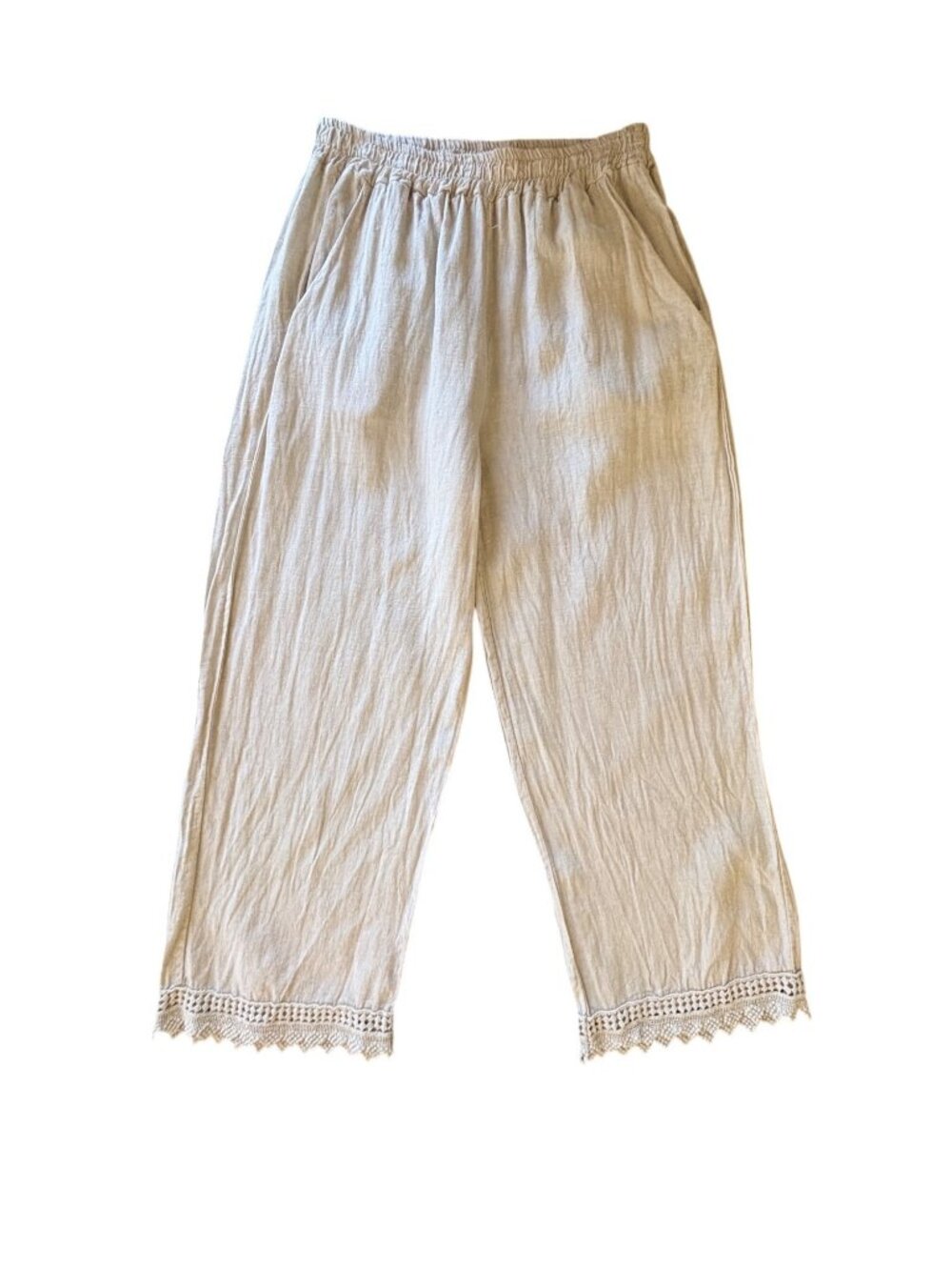 SPIGHE DI LINO Wide Leg Linen Pants Beige Crochet Lace Hem Pull On Size Small